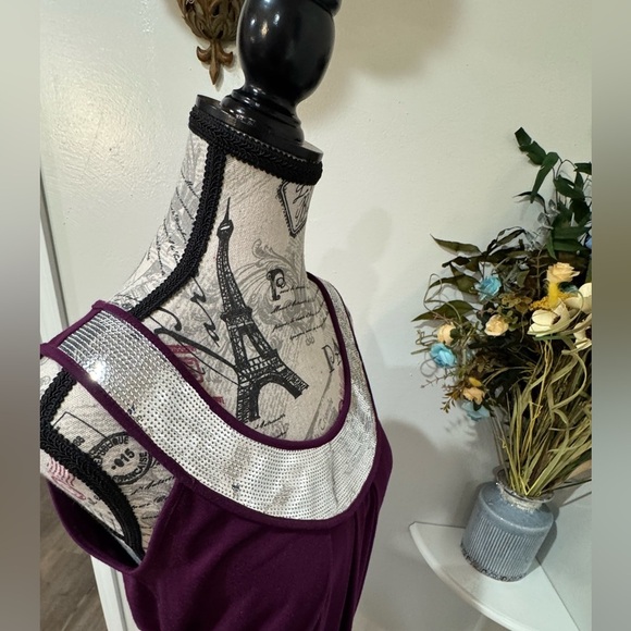 Studio Y Rich Purple Top Silver Sequenced Neckline size Medium - Picture 5 of 10